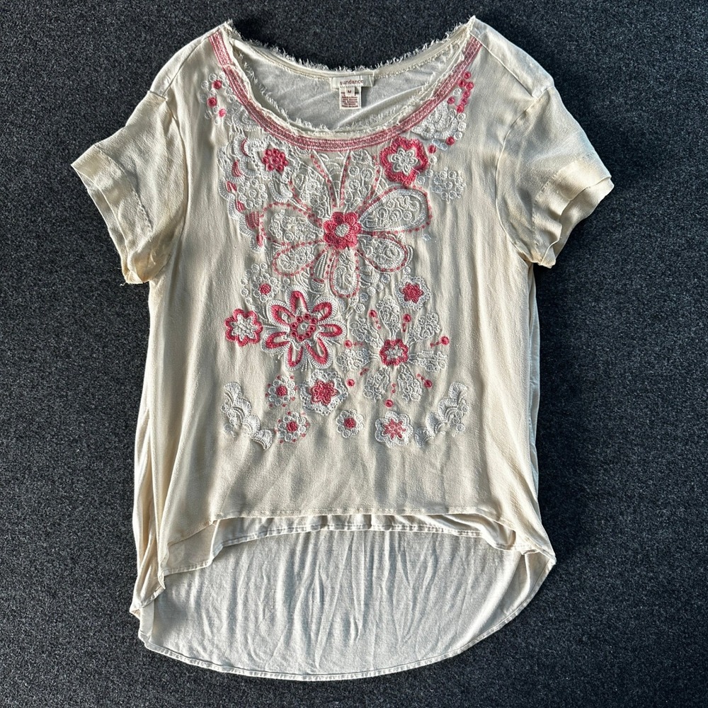 Sundance Cream Floral Embroidered High Low Top Pink Boho Short Sleeve Medium - Picture 1 of 6